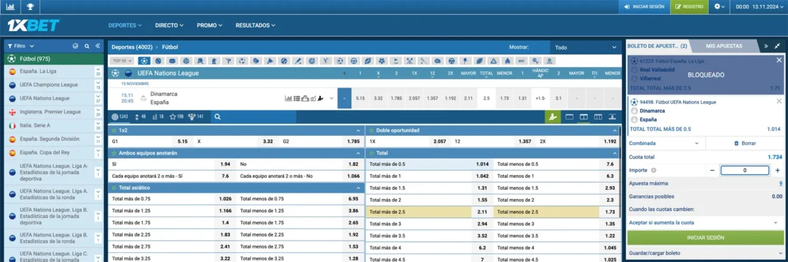 Captura de pantalla: Operador de apuestas 1xbet con el tipo de apuesta Over/Under 0.5
