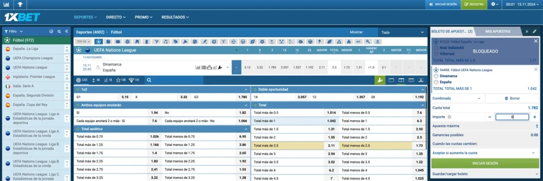Captura de pantalla: Operador de apuestas 1xbet con el tipo de apuesta Over/Under 1.0