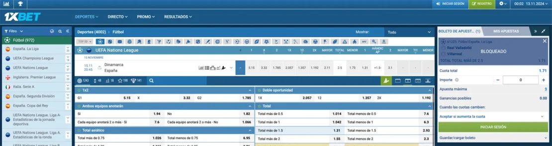 Captura de pantalla: Operador de apuestas 1xbet con el tipo de apuesta Over/Under 1.5