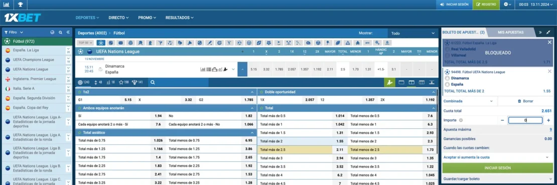 Captura de pantalla: Operador de apuestas 1xbet con el tipo de apuesta Over/Under 2.0