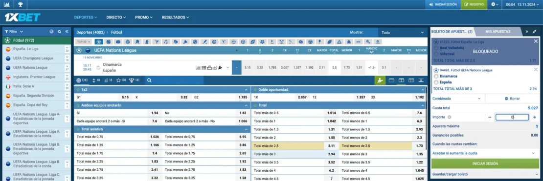 Captura de pantalla: Operador de apuestas 1xbet con el tipo de apuesta Over/Under 3.0