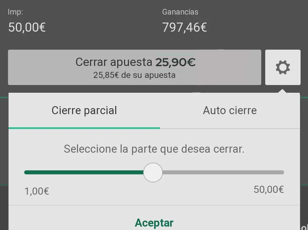 Captura de pantalla bet365 cierre parcial