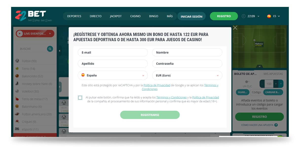 22bet registro