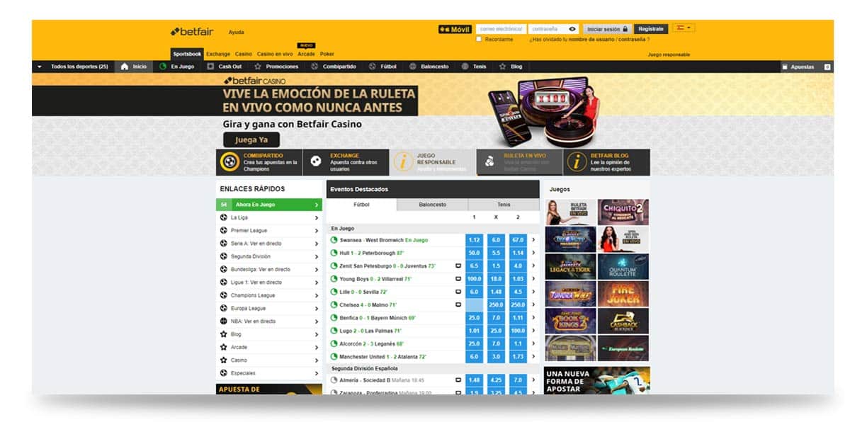 Página de inicio de betfair