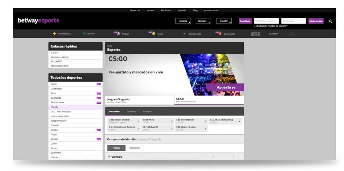 Página de inicio de betway